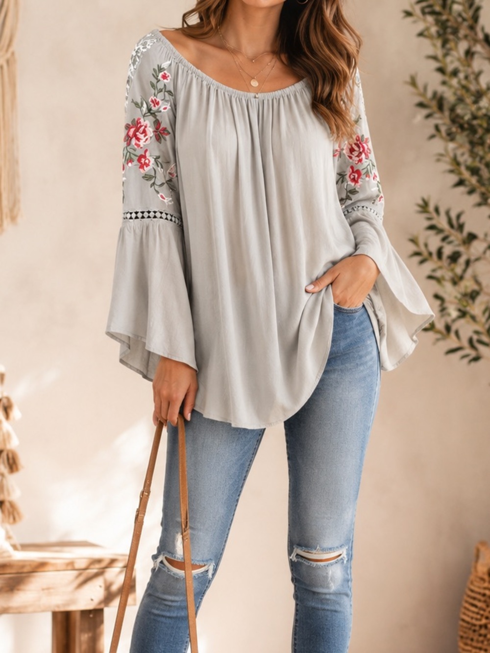 Indigo Soul- Sage Embroidered Bell Sleeve Tunic Top – Size Medium